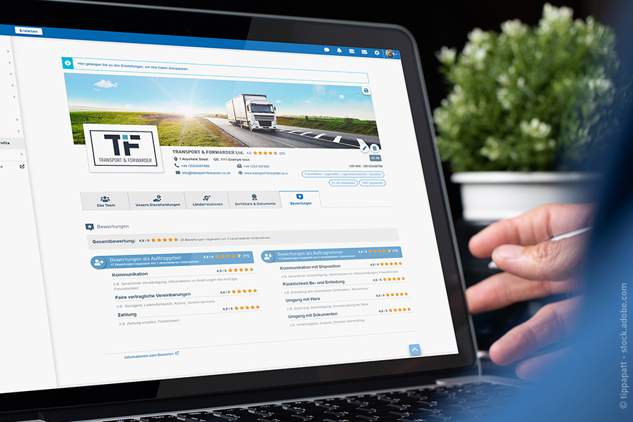 Monitor notebooku s otvorenou stránkou hodnotenia dopravných partnerov v Marketplace od TIMOCOM